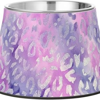 Фиолетовая блестящая серая миска для корма для собак с леопардовым принтом, приподнятая миска из нержавеющей стали для кошачьего корма и кормления собак в режиме медленного приема пищи.