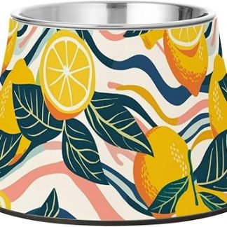 Миска для кошек Waves Line лимонно-желтого цвета, приподнятая, из нержавеющей стали, для медленного кормления, с поводком.