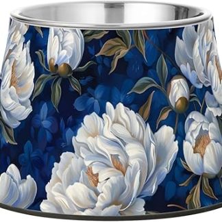 Винтажные миски для корма для домашних животных с белыми пионами, модернизированные из нержавеющей стали, удобные для кормления питомцев.