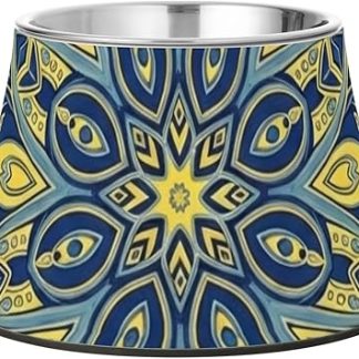 Нескользящая миска для кормления собак в стиле бохо, сине-желтая мандала, из нержавеющей стали, для комфортного кормления ваших питомцев.