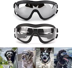Dog Goggles Large Breed, UV Protection 2PCS Black and Clear Lens Dog Sunglasses Medium Large Pet Windproof Adjustable Doggy Glasses for Driving Riding Biking