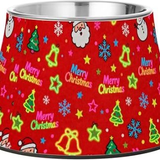 Розовые миски для корма и воды для маленьких собак из нержавеющей стали с изображением рождественских колокольчиков и Санта-Клауса, а также усиков, символизирующих усталость.