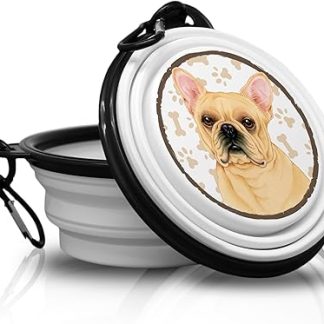 Складная силиконовая миска для собак в виде французского бульдога, палевого/кремового/коричневого цвета, с карабином. Идеально подходит для прогулок и походов с вашим питомцем. Удобная, легкая и, самое главное, уникальная.