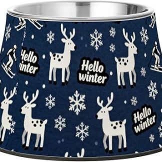 Привет, зима! Миски для собак Hello Winter Deer Navy Blue Ski Feeder Dog Bowls, модернизированные миски для кошек из нержавеющей стали с подставкой для ваших любимых питомцев Whiskers Tiredness.