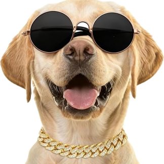 Dog Sunglasses with Rhinestone Diamond Chain Necklace, Cool Glasses Dog Collar Necklace for Cats Dogs Doll, Metal Sunglasses Gold Chain Funny Cute Costumes for Small Pet Holiday Party Costume