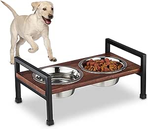 Набор мисок для собак Relaxdays с подставкой, приподнятая кормушка, 2 миски из нержавеющей стали, по 750 мл каждая, цвет манговое дерево и железо, коричнево-черный, 70% 20% 10%, 16,5 x 38,5 x 23,5 см