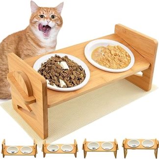 Кормушка для кошек и маленьких собак - набор из 2 мисок для еды - керамическая миска для собак и кошек - подставка для мисок - регулируемая высота