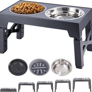 Миска для собак с регулировкой высоты — набор из 5 мисок: 3 стандартные, с медленным подачей, плавающая и из нержавеющей стали — серые.