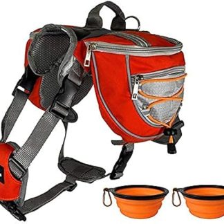 Saddlebag Back Pack & Harness Combo for Dogs 30-100+ lbs. Perfect for Travel, Trail Hiking, & Camping. Reflective, Lightweight, & Comfortable. Comes with Two Collapsible Bowls (Medium, Orange)