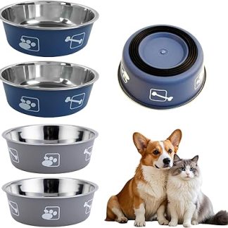Набор из 4 мисок для собак из нержавеющей стали с нескользящим силиконовым основанием, миска для корма, 800 мл, 17,5 см, подходит для маленьких, средних и больших собак и кошек (серых и овальных).