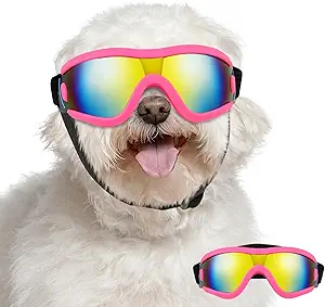 Lewondr Dog Goggles Small to Medium Breed, Dog Sunglasses with Adjustable Straps & Air Vents, UV/Wind/Dust/Fog/Snow Proof Dog Eye Protection Sunglasses for Outdoor Driving Riding, Pink