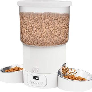 Автоматическая кормушка для кошек с двумя мисками - программируемый дозатор корма для кошек, умный контейнер для сухого корма, белый дизайн.