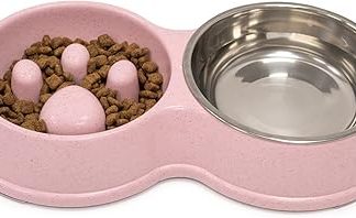 Двойная миска для собак с медленной подачей корма, приподнятая миска для собак с нескользящим дном, миска из нержавеющей стали, съемная приподнятая миска для кошек (розовая)