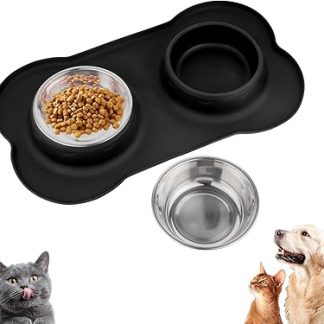 Миска для еды для собак и кошек, миска для маленьких собак, нержавеющая сталь, миска для воды для собак, с 1 подставкой для собаки, нескользящий силиконовый коврик (36 x 21 см)