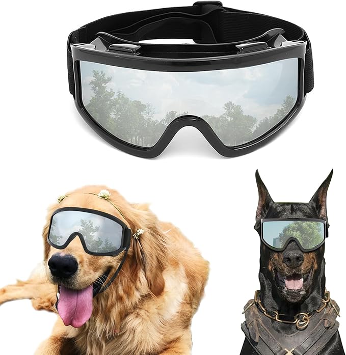 Dog Goggles Large Breed, Dog Sunglasses Pets Goggles Eye Wear Snow Skiing Glasses Anti-Fog UV Protection Windproof Dustproof Eyepiece for Medium Large Dog Travel Riding Driving with Adjustable Strap