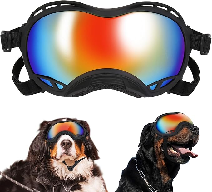 Dog Sunglasses, Dogs Goggles with Adjustable Strap, UV Protection Dog Goggles Sunglasses Eye Protection Anti-Fog Snowproof Cool Glasses for Large Dogs, Red