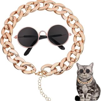 Cat Gold Chain Collar and Cat Sunglasses Pet Sunglasses Retro Dog Costume Set Include Adjustable Gold Pet Chains and Funny Cute Cats Small Dog Sunglass