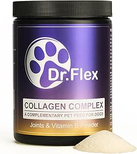Dr. Flex Collagen для собак + комплекс витаминов группы В – порошок 300 г, содержащий 4500 мг бычьего коллагена и 500 мг гидролизованного морского коллагена. Витамины типа I, II, III: B12, B1, B2, B3, B5, B9.
