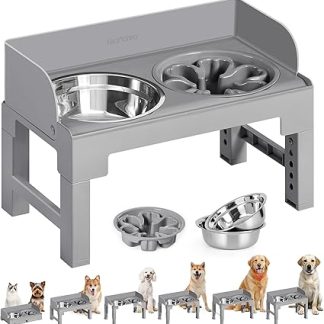 Миска для собак Feandrea с подставкой, регулируемой высотой и возможностью наклона, 2 миски из нержавеющей стали 304, 1 миска для медленного кормления, цвет «голубино-серый» PRB103GD01