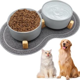 Керамическая миска для собак и кошек, 850 мл, приподнятая, двойная, бамбуковая подставка, нескользящий коврик, комплект из 2 штук, для маленьких и средних собак.