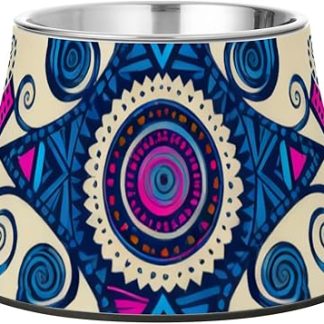 Миска для корма и воды для собак в индийском стиле с цветочным узором «пейсли», пурпурно-голубого цвета, с подставкой, из нержавеющей стали, металлическая, для медленного кормления собак, удобная для кормления.