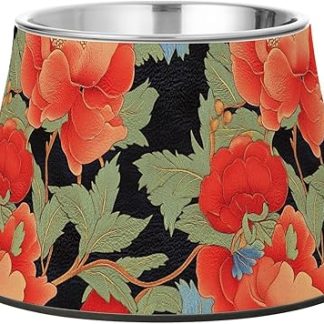 Ретро-миска для собак с красными цветами граната, модернизированная миска из нержавеющей стали для мелких домашних животных, помогающая справиться с усталостью и оттопыренными усами.