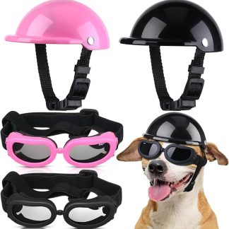 Frienda 4-Piece 4-Inch Pet Helmet and Goggles Set - Padded Motorcycle Helmet, Dog Sunglasses, Safety Cap and Adorable Goggles with Adjustable Belt for Small Dogs - Cycling, Outdoor
