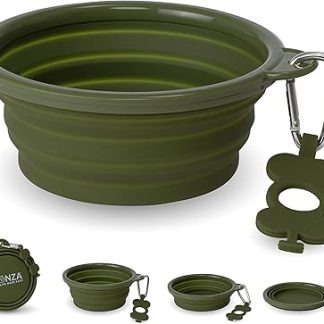 Большая складная миска для собак Bonza объемом 1000 мл, с усиленным краем, в комплекте карабин и держатель для бутылки с водой, брелок, цвет зеленый мох.