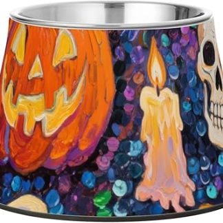 Миски для корма для собак на Хэллоуин в виде оранжевых блесток и тыквы с подставкой, из нержавеющей стали, приподнятые миски для маленьких собак, для создания эффекта усов