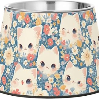 Милые мультяшные кошки с цветами, белая миска для домашних животных, приподнятая миска из нержавеющей стали для медленного кормления собак, усы, усталость