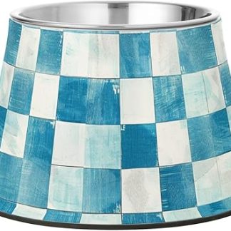 Приподнятая миска для корма для кошек из нержавеющей стали с клетчатым узором в светло-голубых и белых тонах, подходит для маленьких собак и собак с красивыми усами.