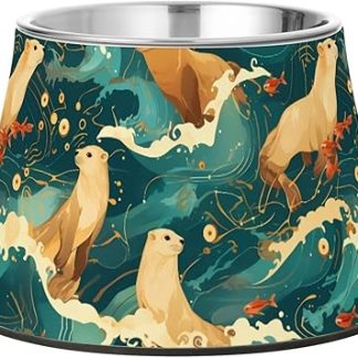Японская миска для корма и воды для собак Sea Dogs Ocean Waves из нержавеющей стали с нескользящей поверхностью, идеально подходящая для медленного кормления кошек с красивыми усами.