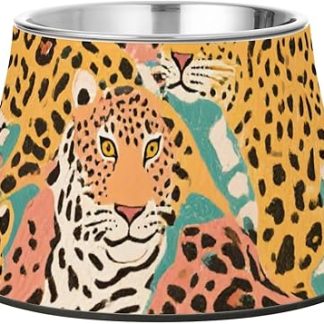 Миска для еды и воды для собак и кошек из нержавеющей стали с изображением мультяшного леопарда, коричневого цвета, на подставке, для маленьких собак, для снятия раздражения кожи на усах.