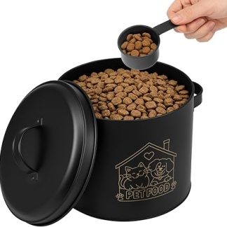 Металлический контейнер для собачьего корма с герметичной крышкой и мерной ложкой, черный, для кухонного уголка, 27 x 21,5 см, большой контейнер для хранения корма для собак и кошек.
