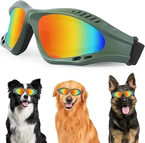 Dog Goggles for Medium Large Breed, UV Protection Large Dog Sunglasses with Sponge Pad and Adjustable Strap, Waterproof Anti-Fog Goggles for Dogs Sun Glasses Windproof Glasses-Green+Red