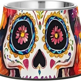Миска для корма для собак в мексиканском стиле «День мертвых» с изображением цветочного черепа, нескользящая, из нержавеющей стали, миски для корма для маленьких собак, усы, медленная кормушка для уставшей собаки.