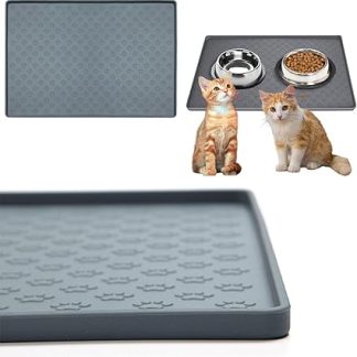 Силиконовый водонепроницаемый нескользящий коврик для корма для домашних животных с приподнятыми краями, герметичный, моющийся, серый, 2 шт., 19 × 12 дюймов.