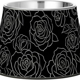 Миски для воды и корма для водных животных White Rose Black Pattern с подставкой из нержавеющей стали. Базовые миски для собак, кошек, кроликов и птиц. Раздельные миски для корма для животных Whiskers Relief.