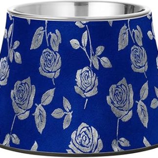 Элегантная приподнятая миска для воды для домашних животных темно-синего и серебристого цвета с розовым рисунком, улучшенная миска для кормления кошек из нержавеющей стали, предназначенная для кошек, которые медленно едят и устают. Platos de comida para perros