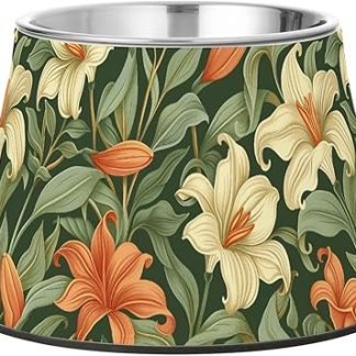 Винтажная миска для корма для домашних животных в виде цветка оранжевой лилии с зелеными листьями, приподнятая миска из нержавеющей стали для кошек, для медленного кормления собак, удобное кормление