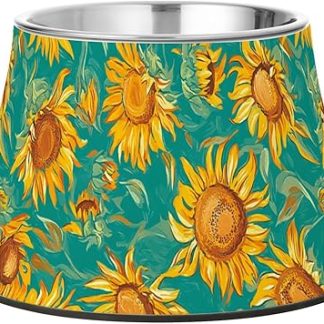 Миска для кормления собак в мультяшном стиле с подсолнухами и звездами, бирюзового и желтого цвета, из нержавеющей стали, с нескользящей поверхностью, подходит для собак, кошек, кроликов и птиц, не боится усов.