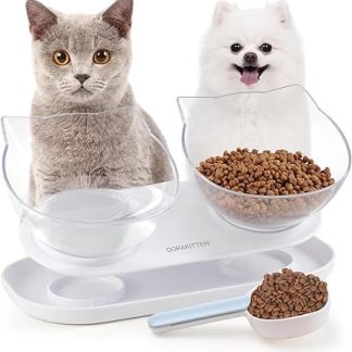 Наклонная миска для кормления домашних животных с ложкой, двойные пластиковые миски для еды, идеально подходят для котят и маленьких собак.