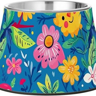 Миска для собак с мультяшными совами, цветами и листьями, разноцветная, с подставкой, из нержавеющей стали, приподнятая миска для кошек для медленного кормления, для снятия напряжения в усах.