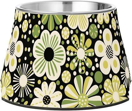Миска для корма и воды для собак Green Dots Flowers, нескользящая, из нержавеющей стали, для кошек и маленьких собак, удобная, с раздельными мисками для кормления.