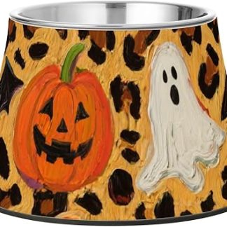 Миска для корма для домашних животных на Хэллоуин с оранжевым леопардовым принтом и тыквой, с подставкой из нержавеющей стали, приподнятая миска для кошек для комфортного кормления вашего любимого питомца.
