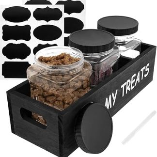 Контейнер для лакомств для собак, деревянный контейнер для корма для собак с 3 пластиковыми баночками и держателем, черный органайзер для корма для домашних животных, 33 x 12,5 x 9 см, большой контейнер для корма