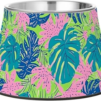 Миска для воды для собак с тропическими разноцветными листьями, нескользящая, из нержавеющей стали, для средних собак. Whiskers Relief