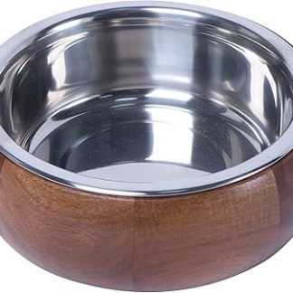 Подстилка для собак Dehner Lovers Napf, диаметр 23 см, высота 7,8 см, дерево/нержавеющая сталь, коричневая.