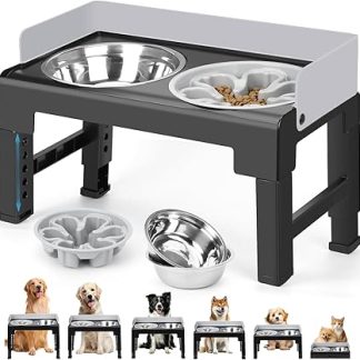 Миска для собак Zivacate с регулируемой высотой и наклоном (6 положений), 2 миски из нержавеющей стали + 1 миска для медленного кормления, нескользящая поверхность, подходит для маленьких, средних и больших собак.