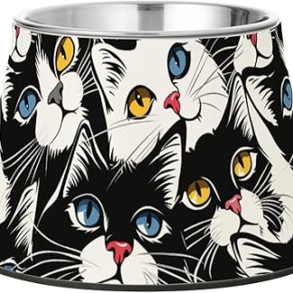 Миска для воды с изображением мультяшных кошек в черно-белом стиле, с подставкой, из нержавеющей стали, для собак, для медленного поедания.
